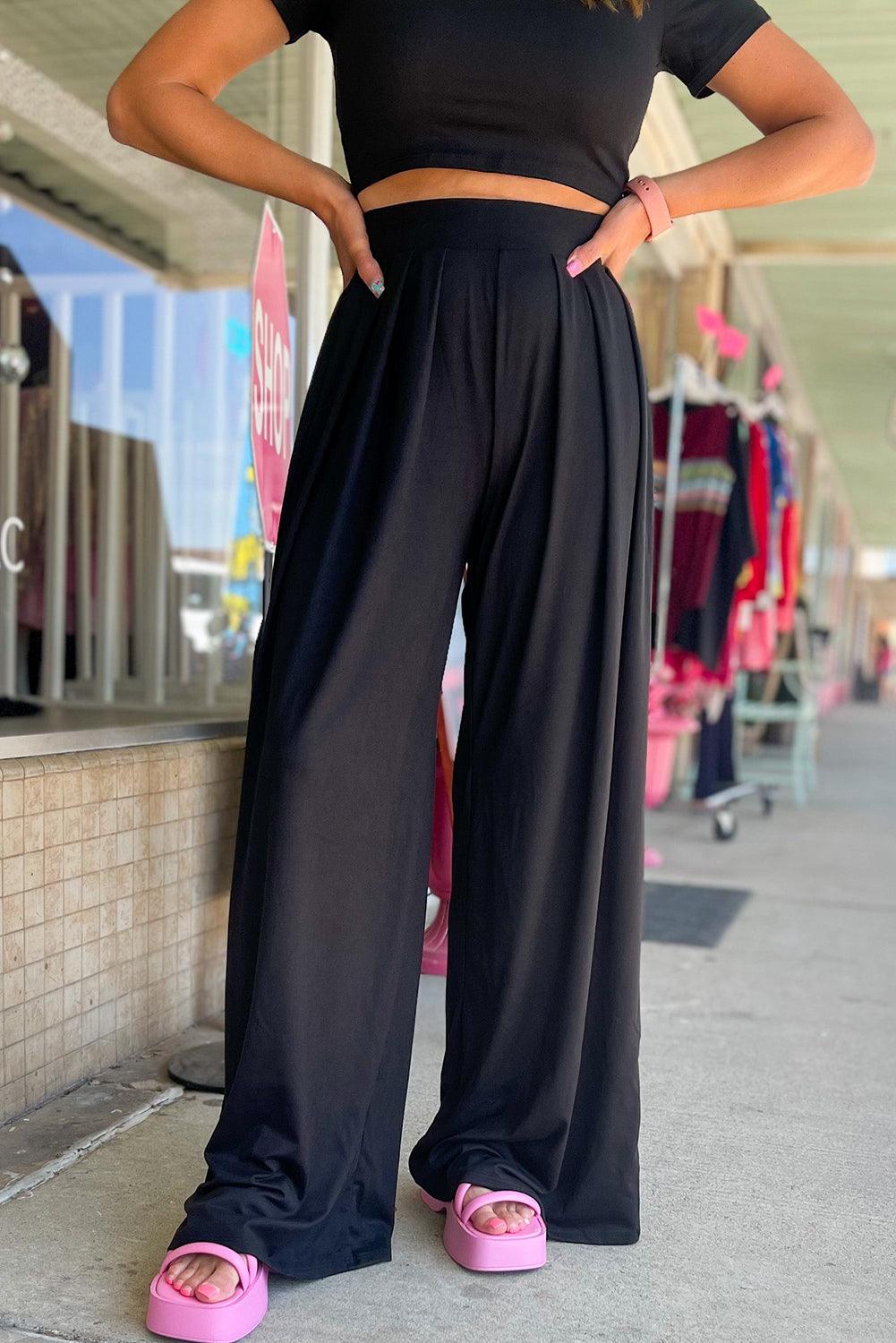 Black Slim Fit Crop Top and Pleated Wide Leg Pants Set - L & M Kee, LLC