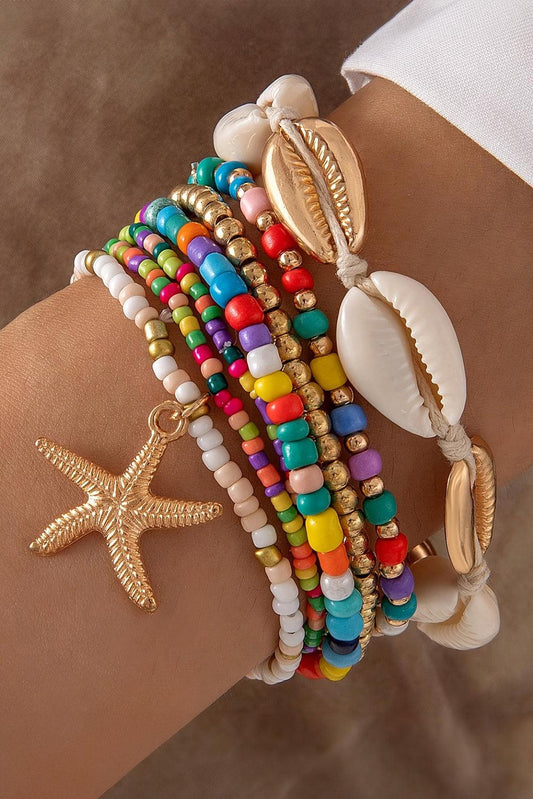 Multicolour 7pcs Starfish Seashell Beaded Bracelet Set - L & M Kee, LLC