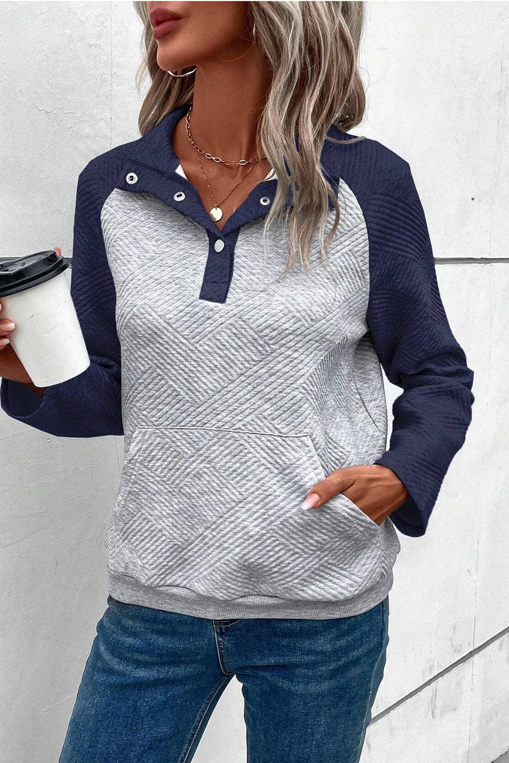 Gray Textured Contrast Splicing Raglan Sleeve Top - L & M Kee, LLC