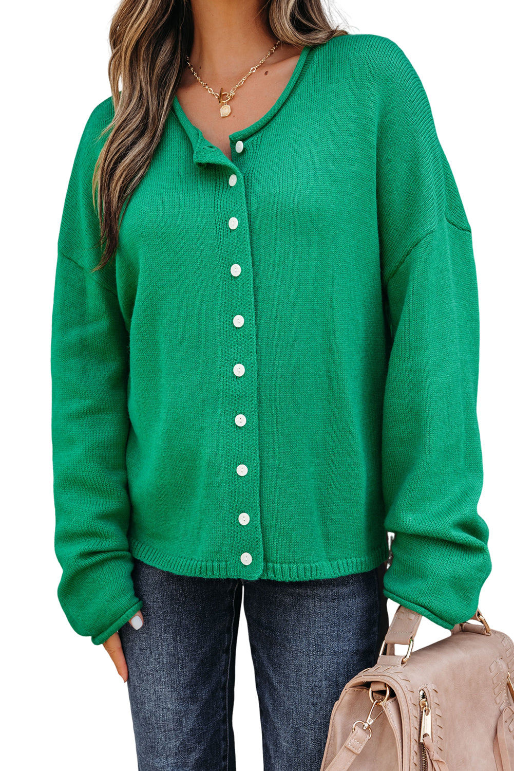 Bright Green Solid Color Knit Button Drop Shoulder Sweater Cardigan