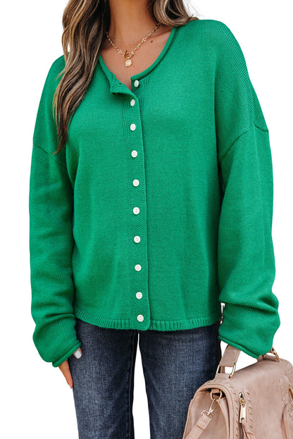 Bright Green Solid Color Knit Button Drop Shoulder Sweater Cardigan