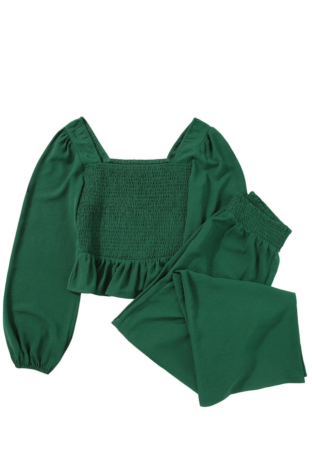 Green Square Neck Smocked Peplum Top and Pants Set - L & M Kee, LLC