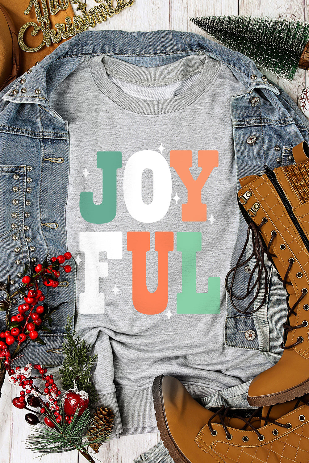 Gray Heat Transfer JOYFUL Christmas Wish Printed Sweatshirt