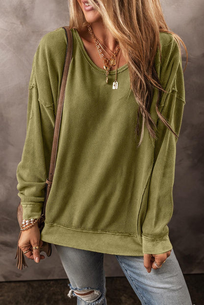 Jungle Green Textured Seamed Drop Sleeve Sweatshirt - L & M Kee, LLC