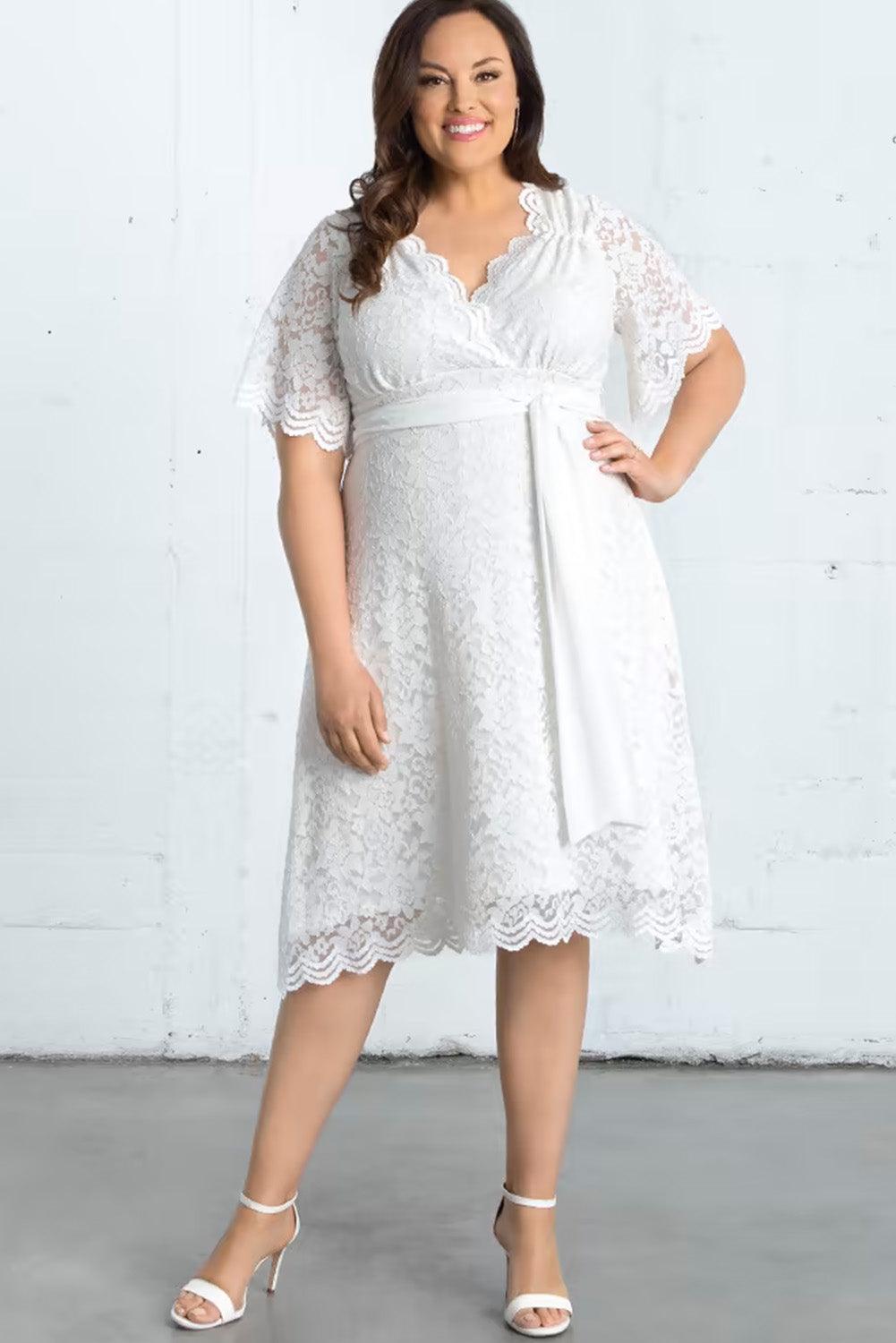 Scalloped Lace Wrap V Neck Plus Size Dress - L & M Kee, LLC