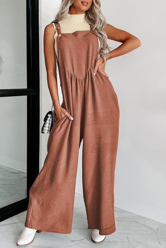 Gold Flame Textured Buttoned Straps Ruched Wide Leg Jumpsuit - L & M Kee, LLC