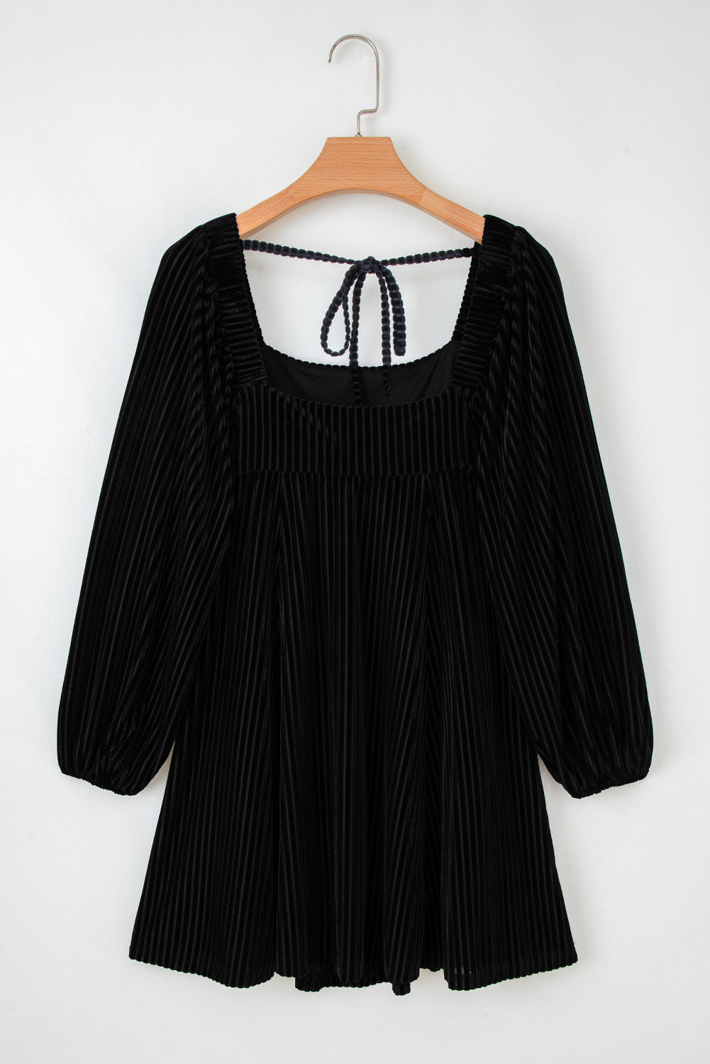 Black Tie Back Square Neck Velvet Babydoll Dress