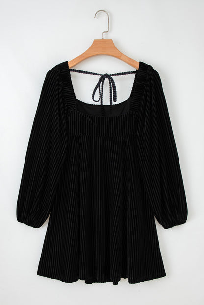 Black Tie Back Square Neck Velvet Babydoll Dress