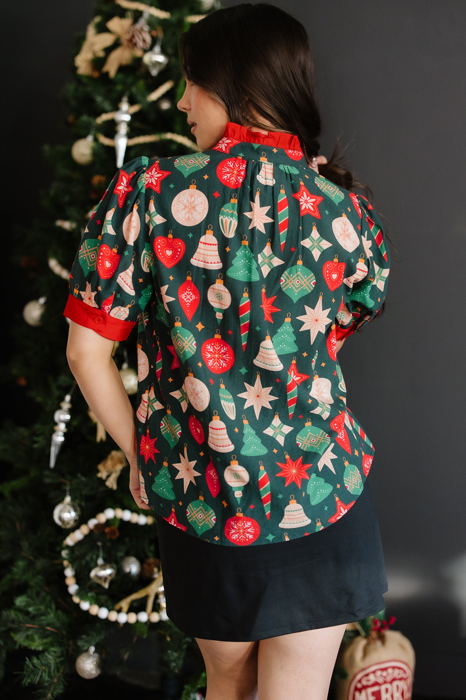 Green Christmas Fashion Print Contrast Trim Frilled Neck Short Sleeve Blouse