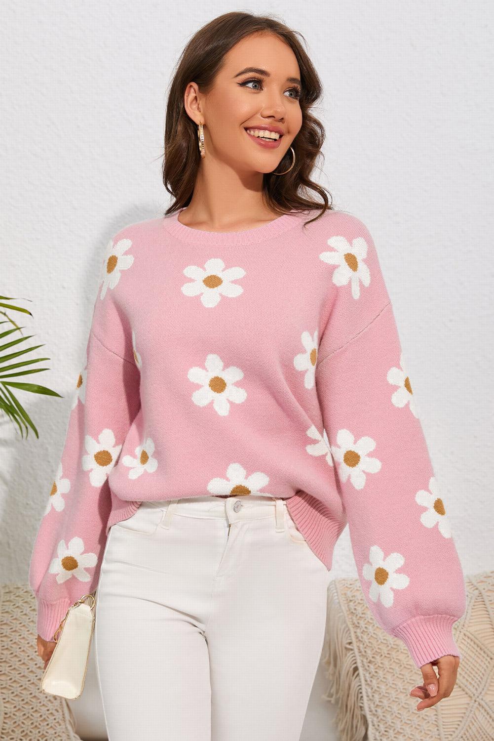 Pink Floral Pattern Drop Shoulder Sweater - L & M Kee, LLC