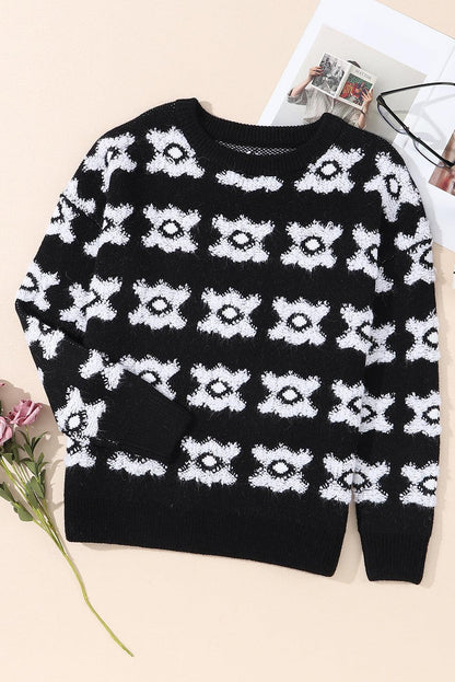 White Printed Retro Flower Pattern Knit Fuzzy Sweater - L & M Kee, LLC