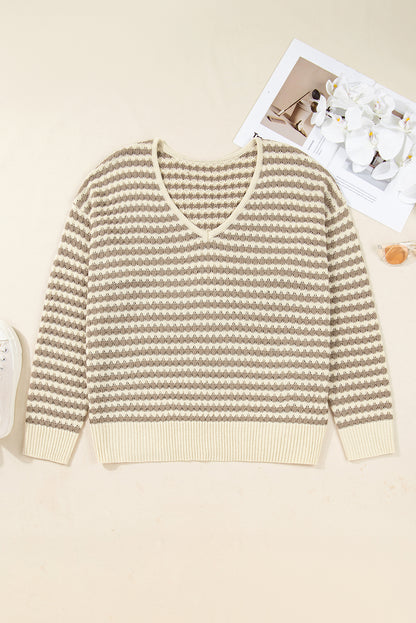 Khaki Stripe Plus Size V Neck Drop Shoulder Sweater
