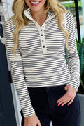 Black Stripe Ribbed Knit Half Button Long Sleeve Slim Top