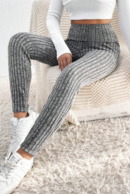 Gray Wide Waistband Ribbed Textured Knit Leggings - L & M Kee, LLC