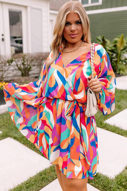 Multicolor Plus Size Abstract Print Oversized Sleeve Belted Dress - L & M Kee, LLC