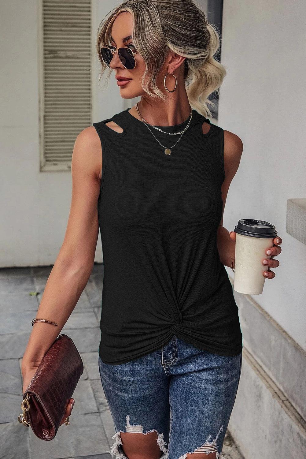 Rib Knit Cut-out Front Twist Tank Top - L & M Kee, LLC