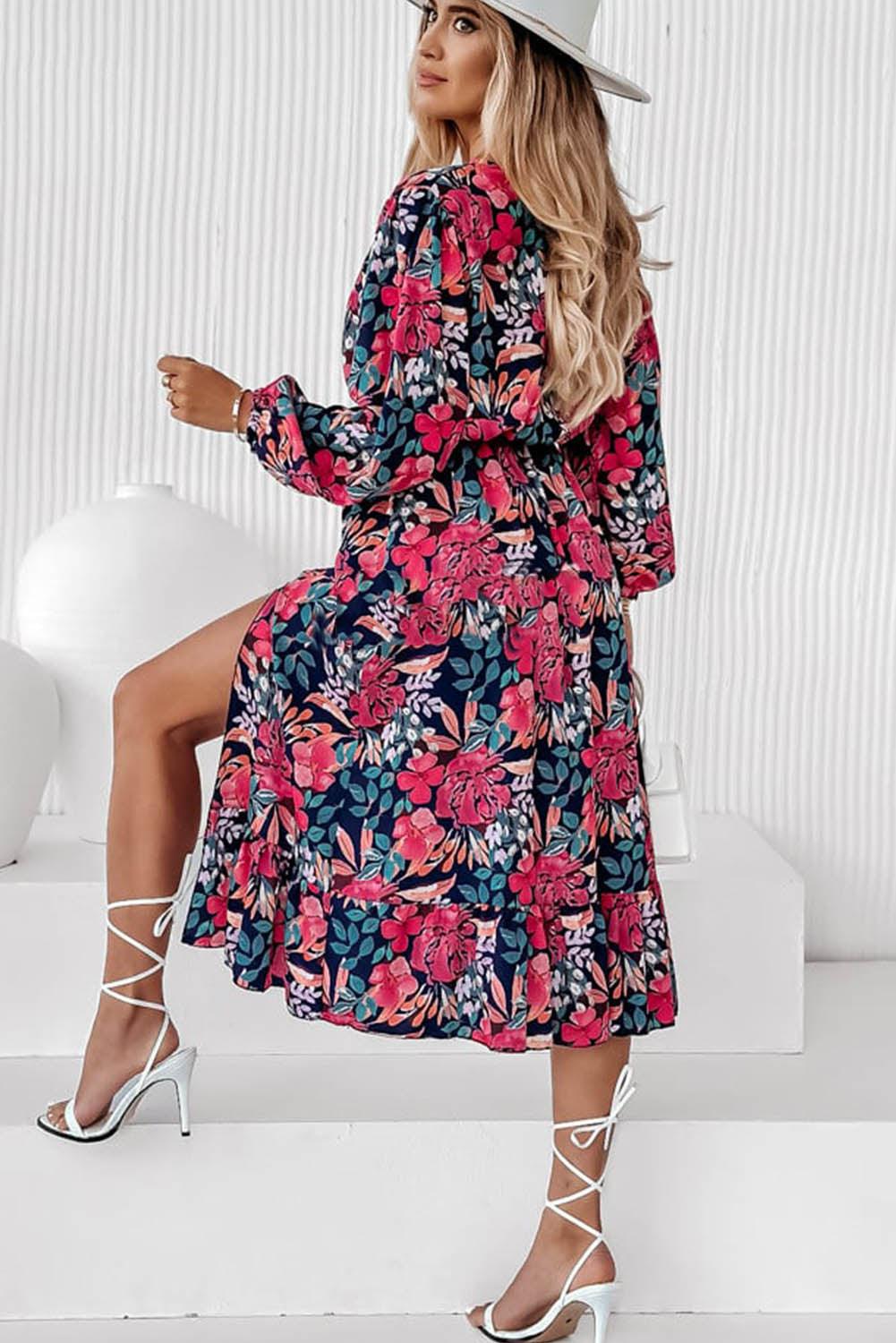 V Neck Elastic High Waist Split Floral Dress - L & M Kee, LLC