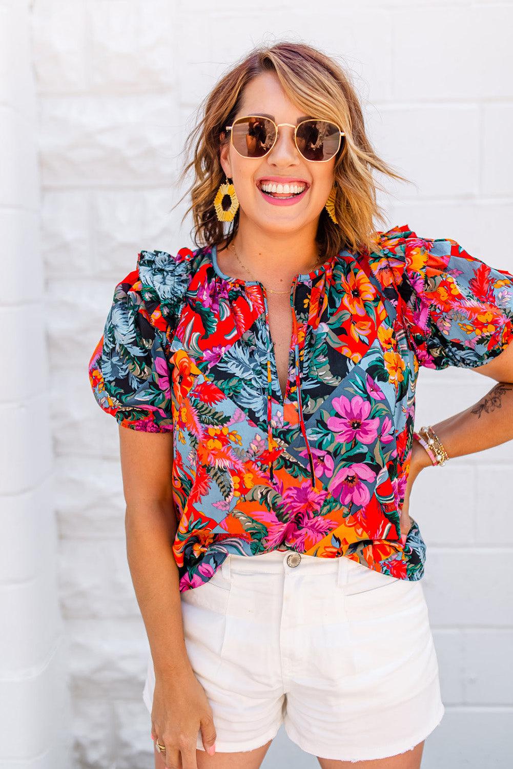 Multicolour Floral Print Ruffle Trim Bubble Sleeve Split Neck Blouse - L & M Kee, LLC