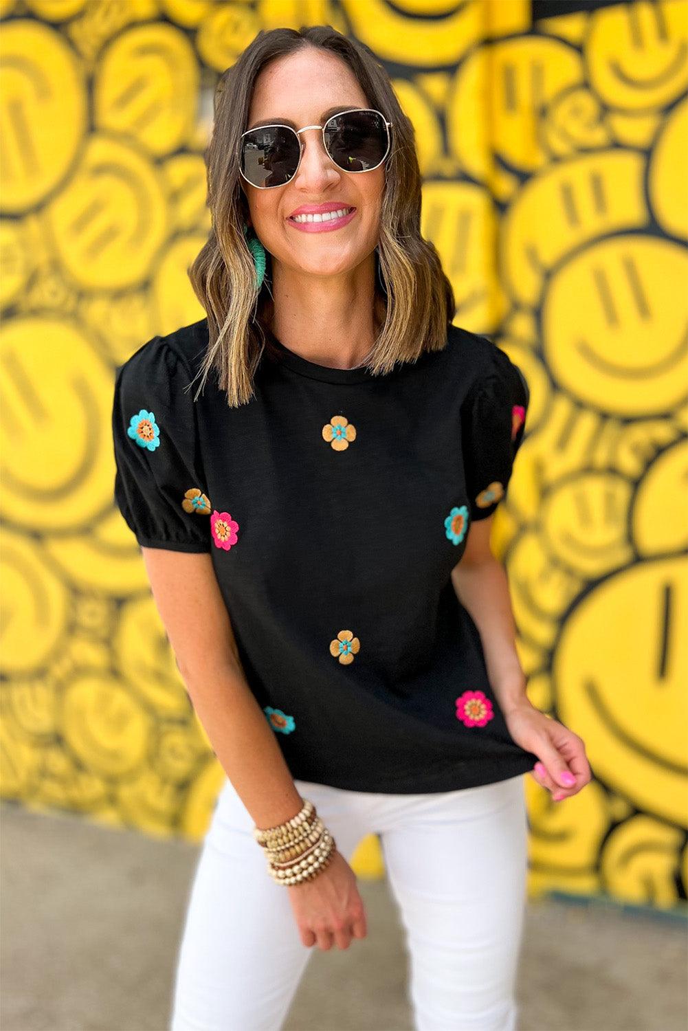 Black Embroidered Flower Short Puff Sleeve Tee - L & M Kee, LLC