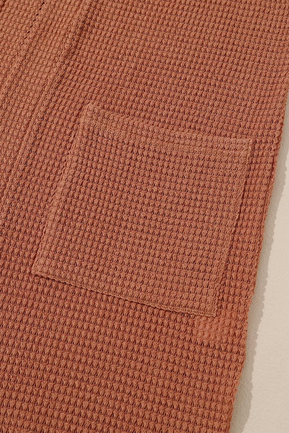 Brown Waffled Knit Thumb Sleeve Pocketed Cardigan - L & M Kee, LLC