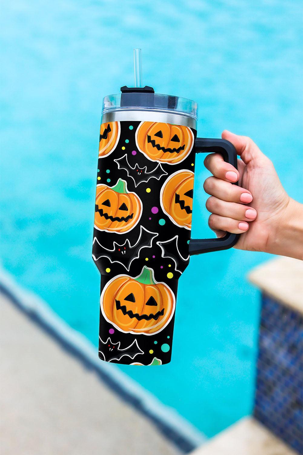 Black Halloween Pumpkin Bat Printed Tumbler with Straw - L & M Kee, LLC