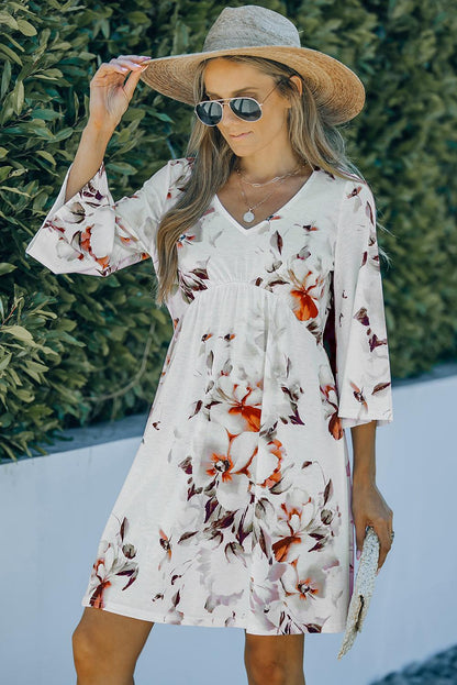 V Neck 3/4 Sleeve Floral Dress - L & M Kee, LLC