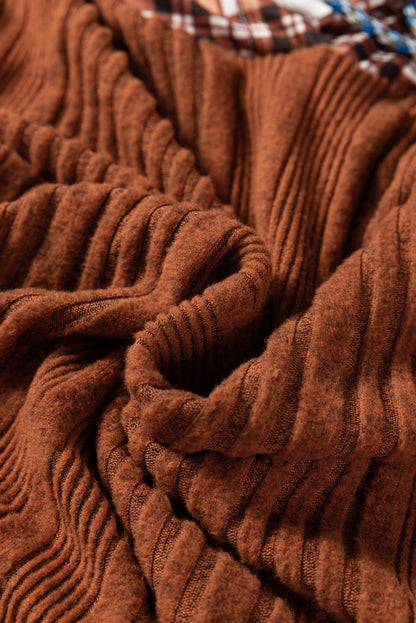 Chestnut Plaid Patchwork Ribbed Knit Drawstring Hooded Top