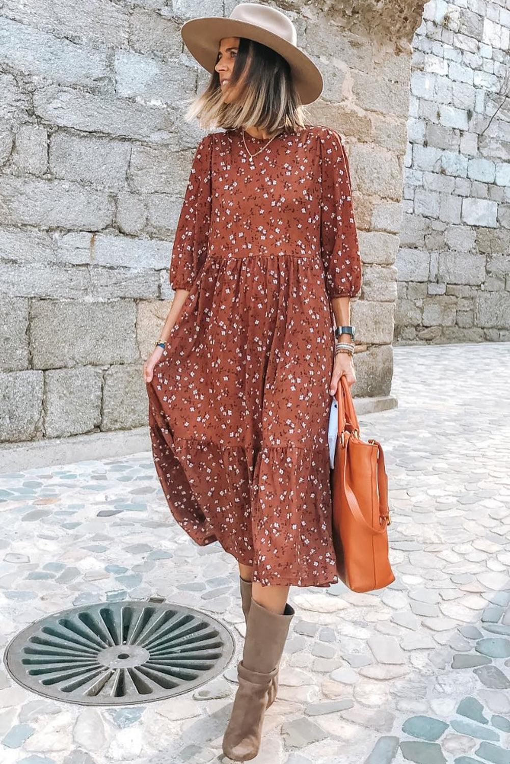 Chestnut Floral Print 3/4 Sleeve Ruffle Hem Midi Dress - L & M Kee, LLC