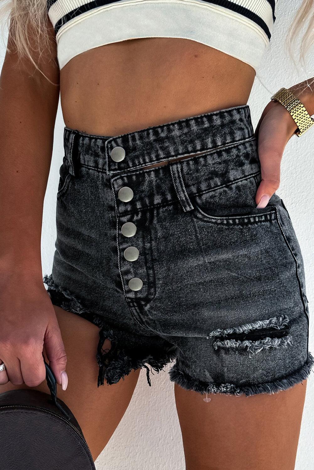 Black High Waist Multi Buttons Raw Edge Denim Shorts - L & M Kee, LLC