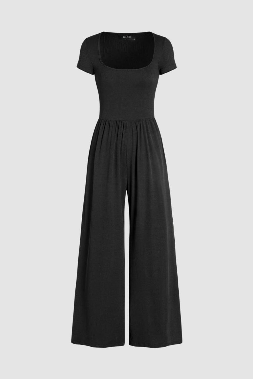 Black Pleated High Waist U Neck Short Sleeve Jumpsuit - L & M Kee, LLC