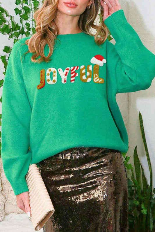 Bright Green Sequined JOYFUL Graphic Christmas Sweater - L & M Kee, LLC