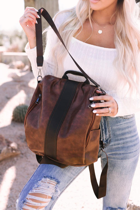 Brown Retro Faux Leather Multi-Functional Zipper Backpack - L & M Kee, LLC