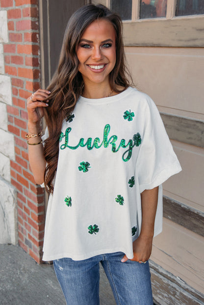 White St Patrick Lucky Clover Sequin Graphic T Shirt