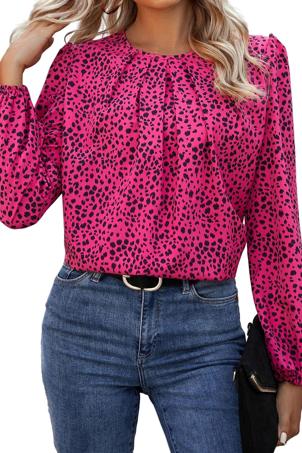 Leopard Print Pleated Blouse with Keyhole - L & M Kee, LLC