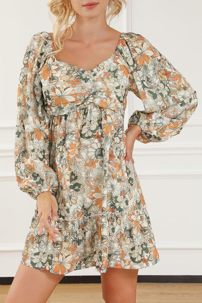 Floral Print Smocked Back Puff Sleeve Mini Dress - L & M Kee, LLC