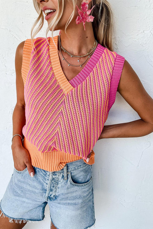 Strawberry Pink Contrast Chevron Knit V Neck Sweater Vest - L & M Kee, LLC