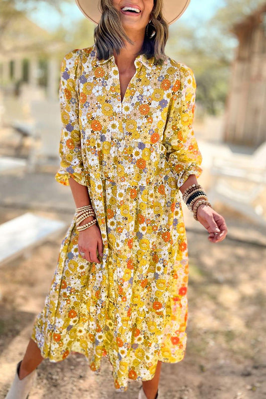 Multicolor Boho Floral Collared Long Sleeve Ruffled Dress - L & M Kee, LLC