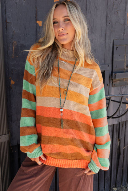 Orange Stripe Color Block High Neck Drop Shoulder Cozy Sweater