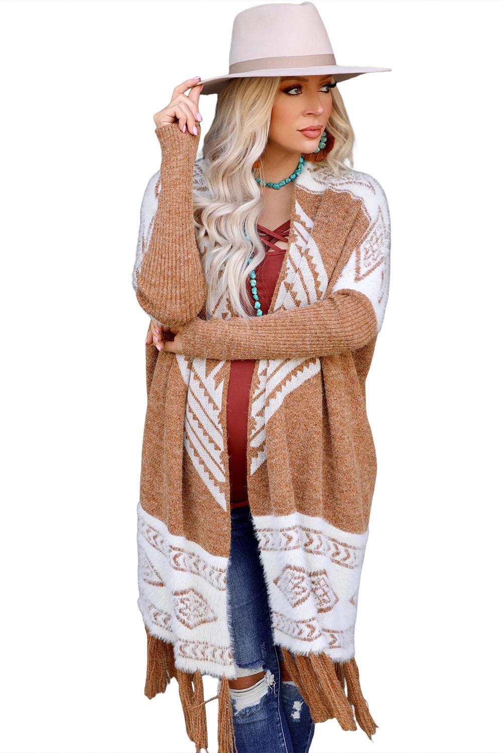 Western Furry Knit Tassel Hem Cardigan - L & M Kee, LLC