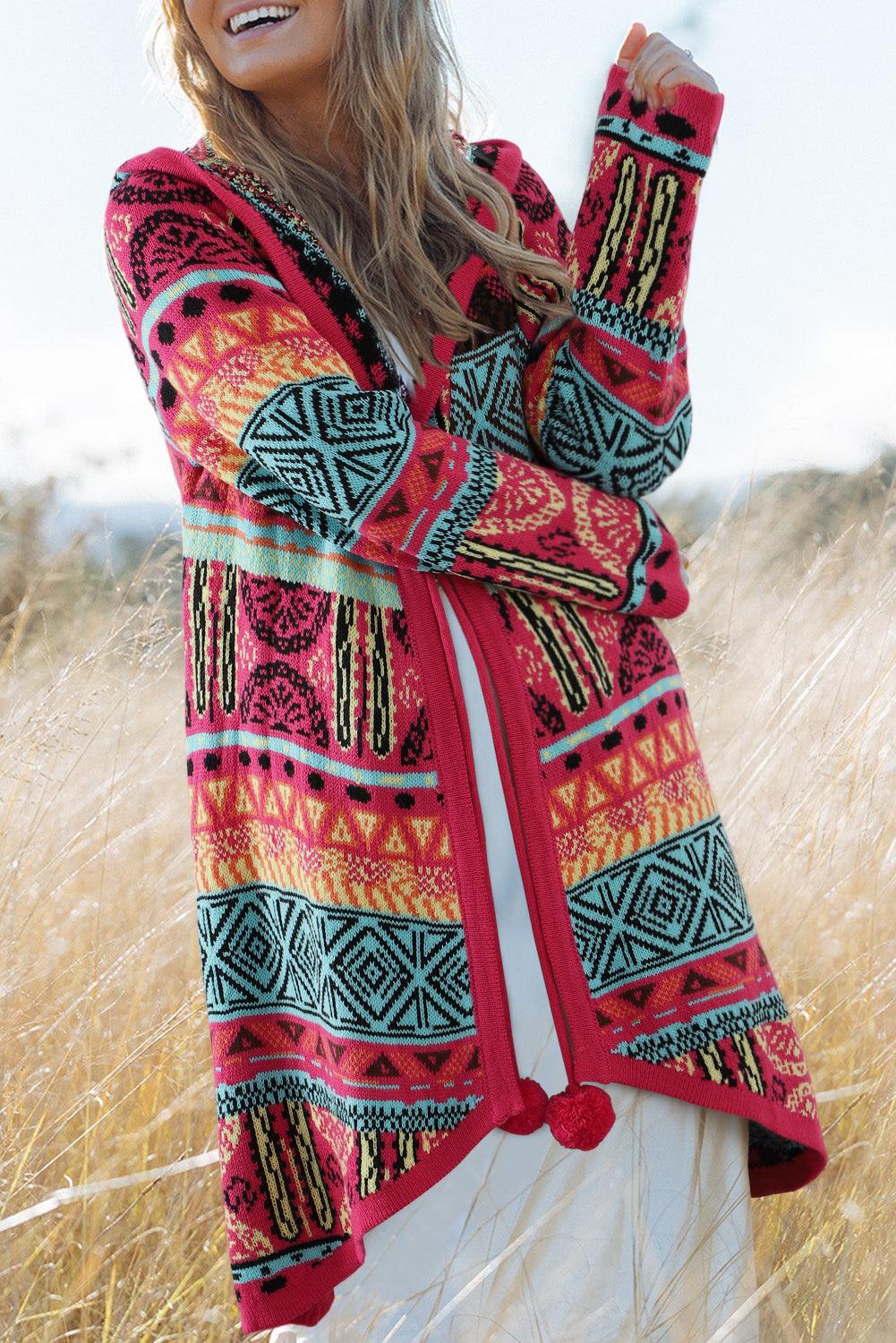 Rose Boho Aztec Knitted Pom Pom Tie Hooded Cardigan - L & M Kee, LLC