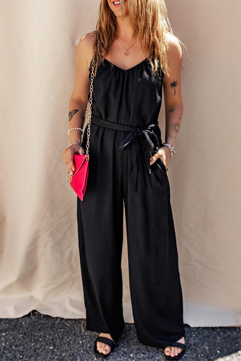 Black Textured Belted Wide Leg Sleeveless Jumpsuit - L & M Kee, LLC