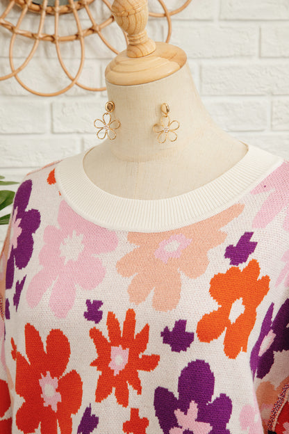 Khaki Fall Floral Pattern Drop Shoulder Sweater