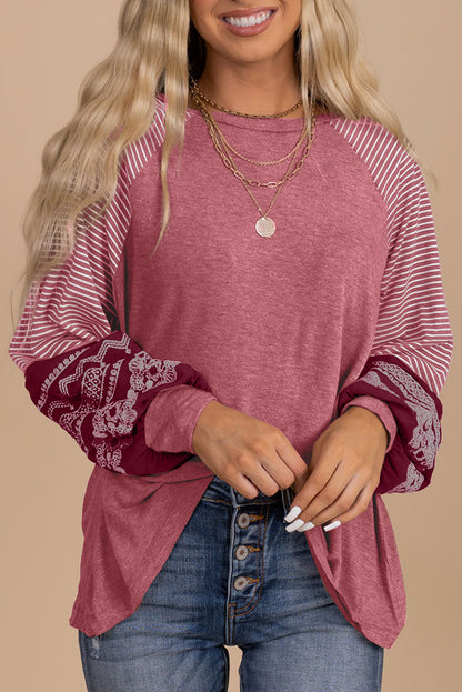 Mineral Red Contrast Print Striped Raglan Long Sleeve Loose Top