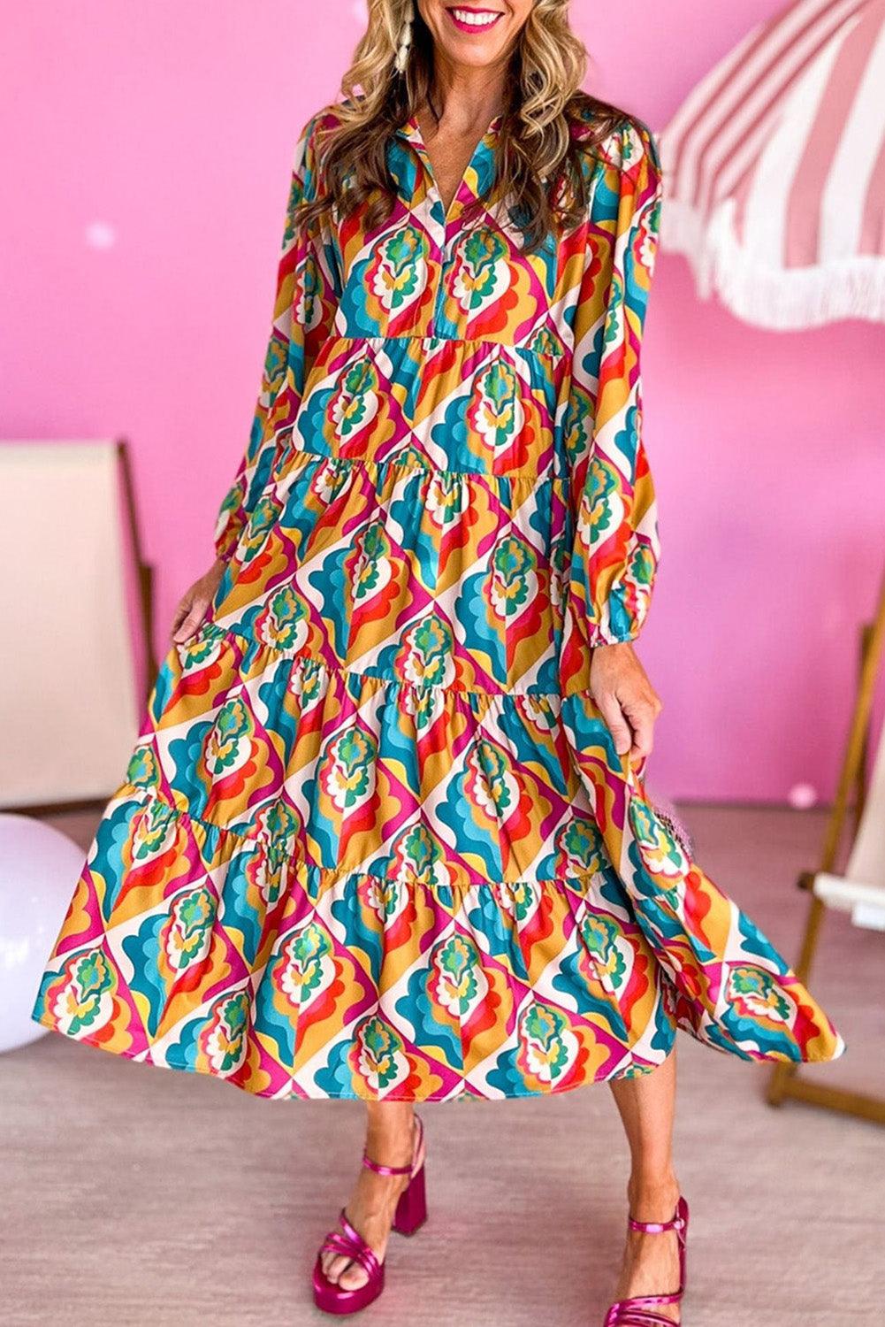 Multicolor Abstract Geometric Print Long Sleeve High Waist Dress - L & M Kee, LLC