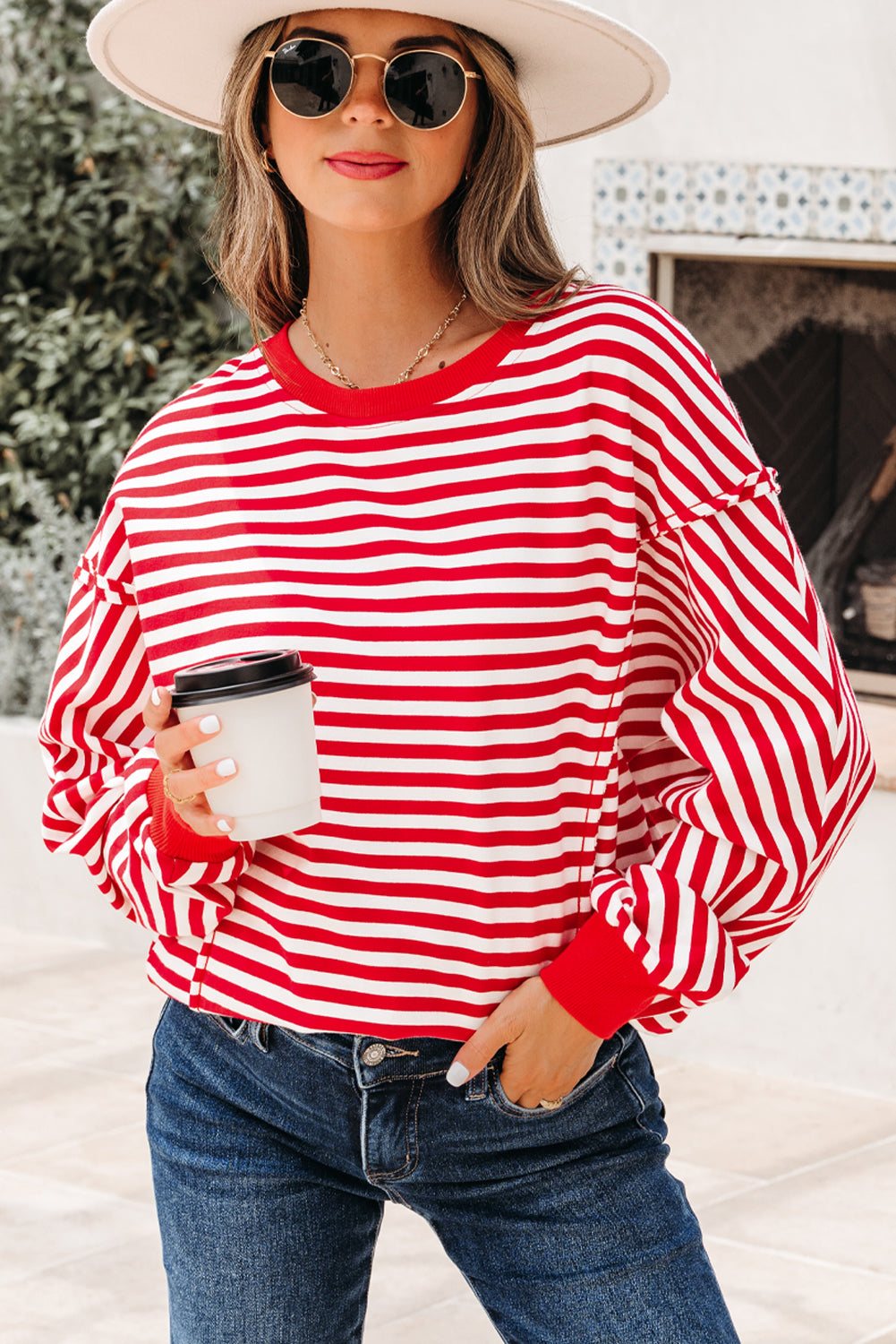 Orange Stripe Exposed Seam Drop Shoulder Casual Pullover Top