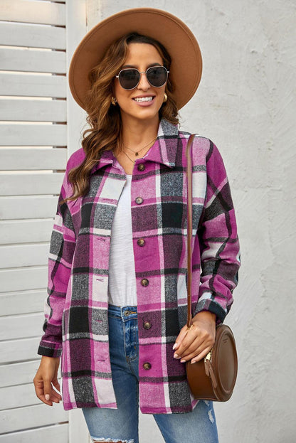 Rose Plaid Print Buttoned Shirt Jacket - L & M Kee, LLC