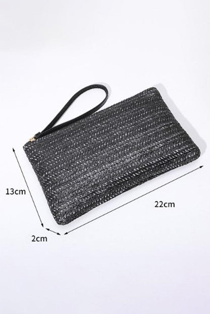 Black Straw Woven Wrist Strap Zipper Large Wallet - L & M Kee, LLC