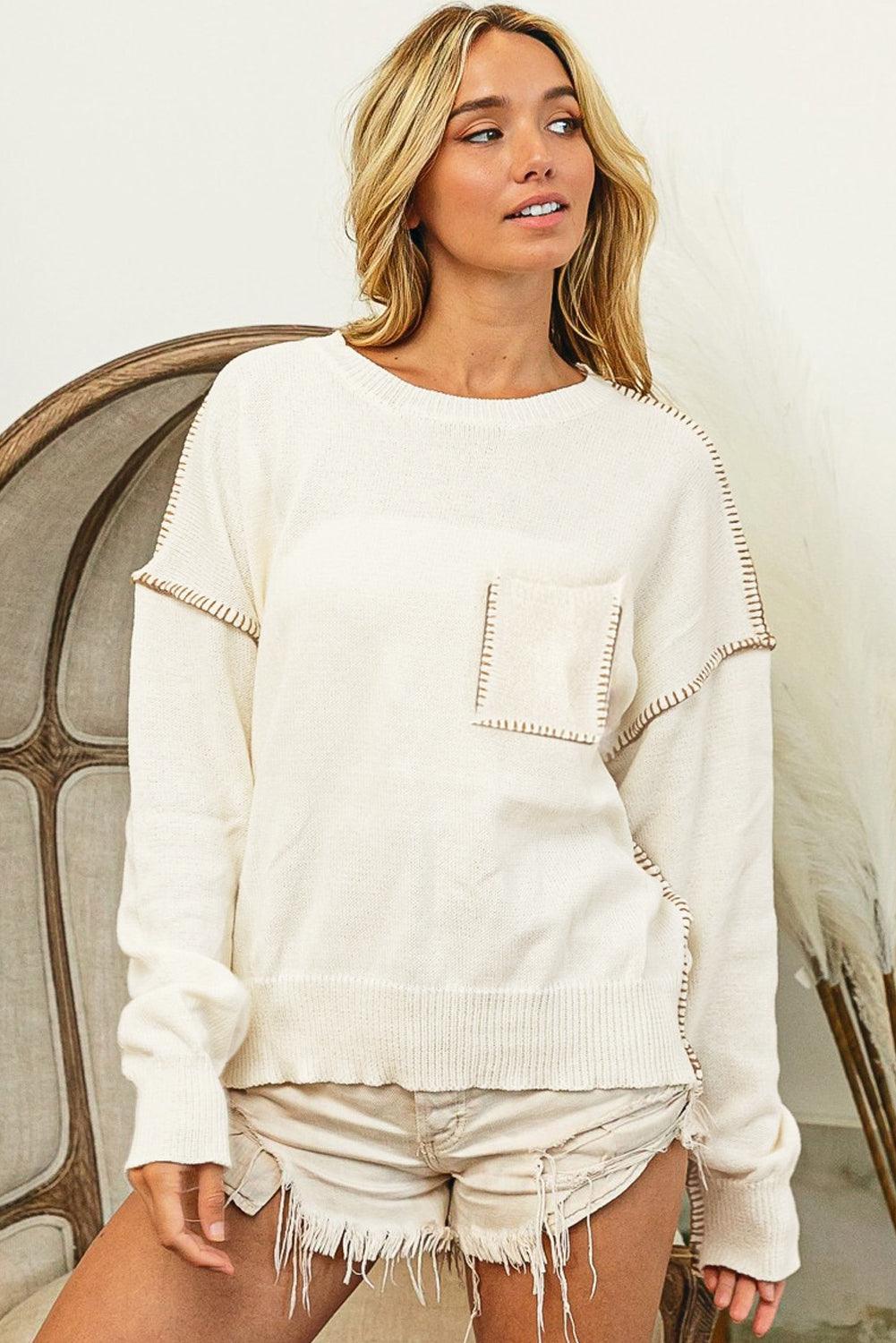 Beige Exposed Stitching Chest Pocket Drop Shoulder Sweater - L & M Kee, LLC