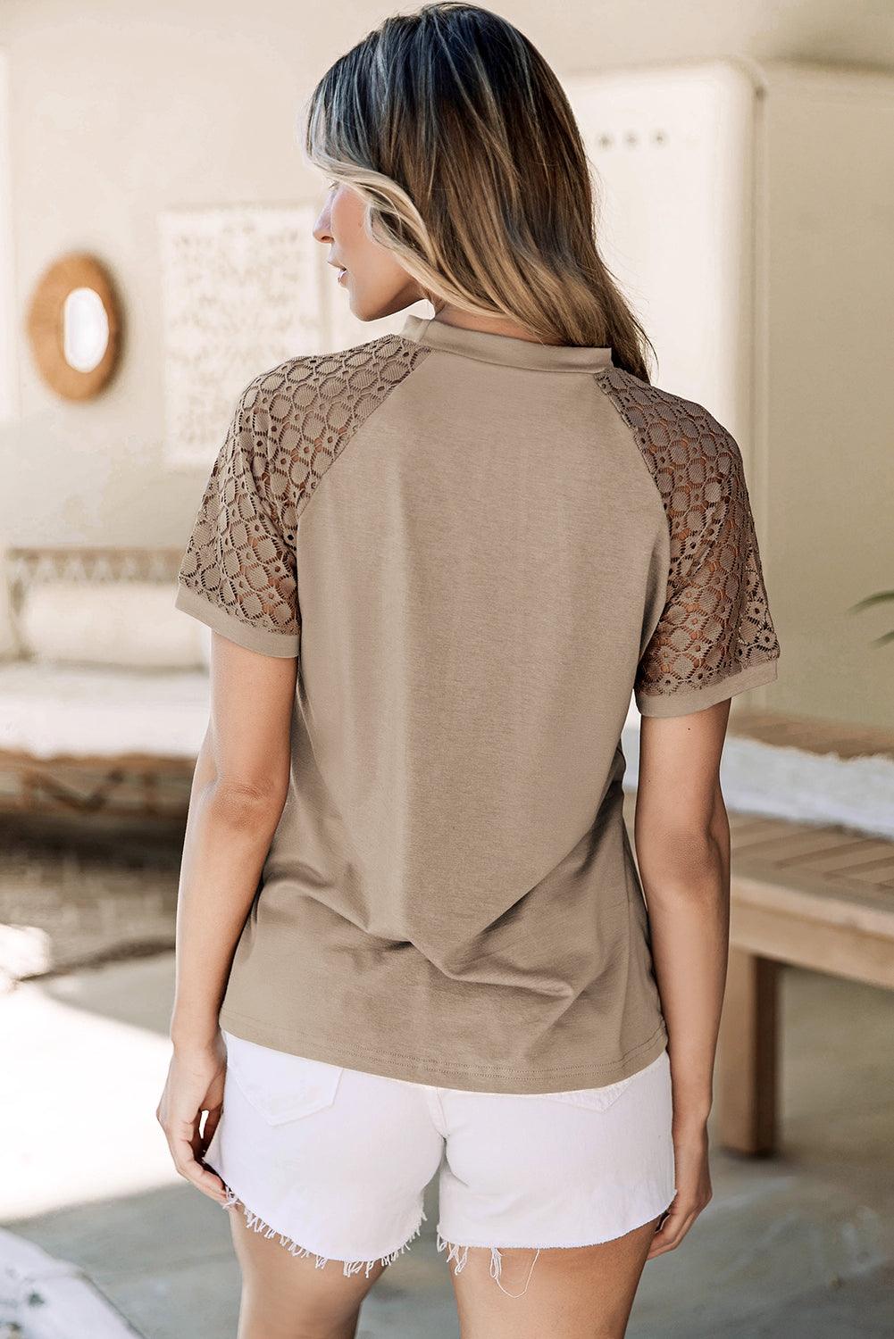 Pale Khaki Seamed Detail Contrast Lace Raglan Sleeve Tee - L & M Kee, LLC