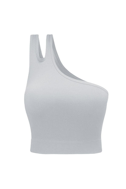 Single Split Shoulder Ribbed Cropped Sports Top - L & M Kee, LLC